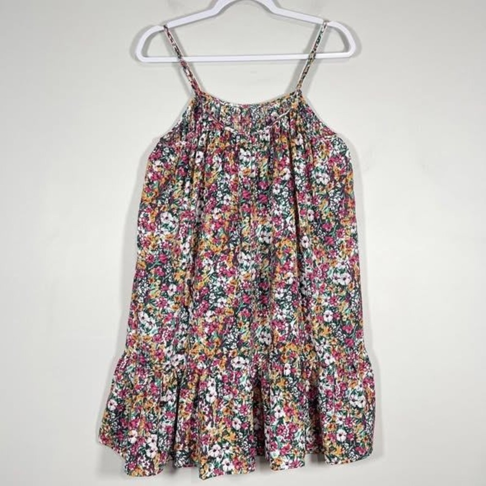 VOY Mini Dress Wms Small Pink Green Floral Strappy Ruffle Hem Boho Garden Flowy - Picture 4 of 6